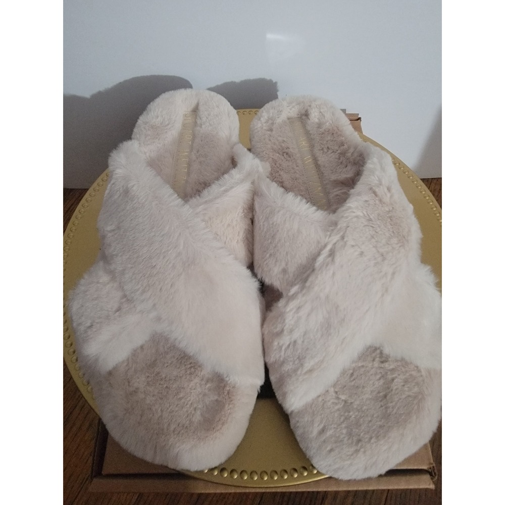 Stuart Weitzman Goldie Faux Fur Crisscross Slide Slippers Cream Beige 9.5B S5918